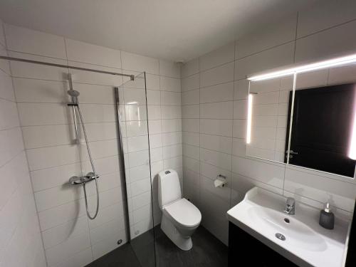 海姆瑟达尔赫姆赛特内公寓式酒店的带淋浴、卫生间和盥洗盆的浴室