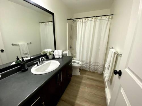 维多利亚Cozy Lakeview Suite的一间带水槽、卫生间和镜子的浴室