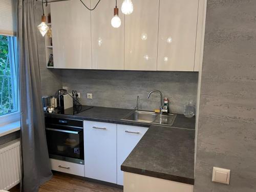 里加Modern Apartment suitable for longstays的厨房配有白色橱柜和水槽