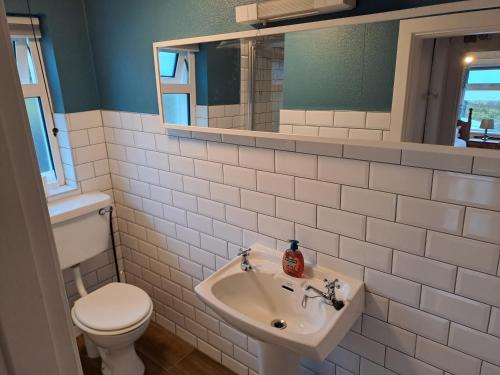 MountcharlesBlaneys Coastal Cottage的一间带水槽、卫生间和镜子的浴室