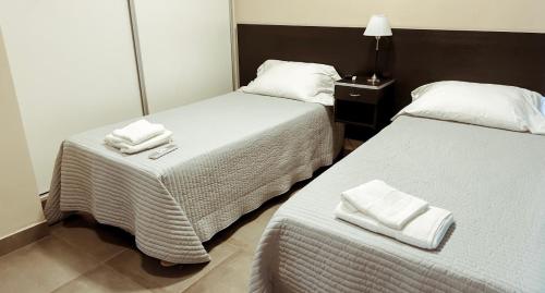 卡塔马卡Departamentos Rosina 1的两张位于酒店客房的床,配有毛巾