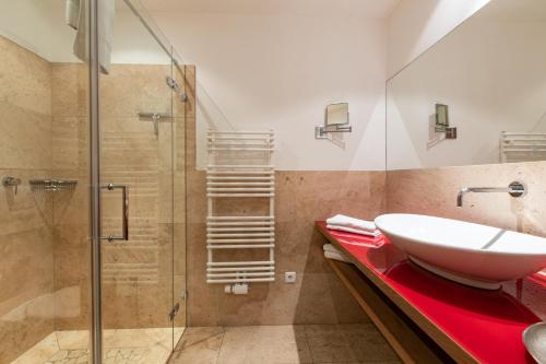伦格里斯Ferienlandhaus Alpinum的一间带水槽和玻璃淋浴的浴室