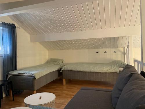 韦姆达伦Stuga i Vemdalen的一间带两张床和一张沙发的客厅