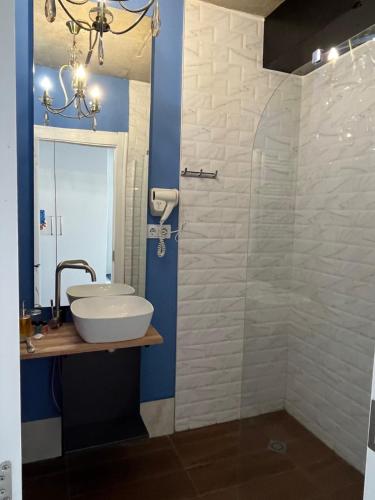古多里Twins apartment deluxe, new gudauri的一间带水槽和玻璃淋浴的浴室