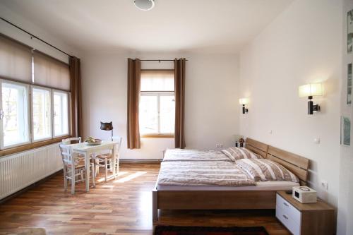 卢布尔雅那卡特卡酒店的一间卧室配有一张床和一张桌子
