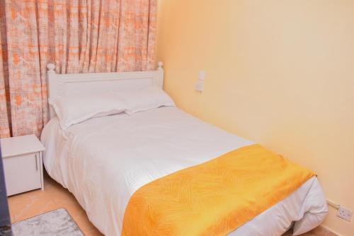MeruLeshi Place, Kinoru - Makutano, Meru的一间小卧室,配有一张白色的床和黄色的毯子