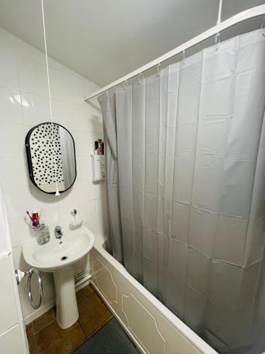 纽波特Shou’s guest house的白色的浴室设有水槽和淋浴。