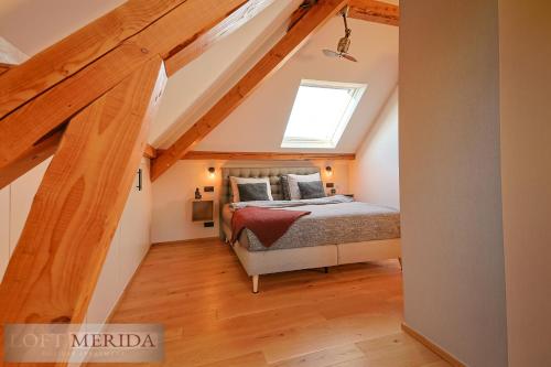 比特亨巴赫Loft Merida - Designer Apartment with Large Bathtub的阁楼卧室配有床和天窗