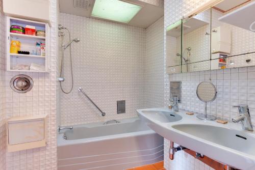 WemmelExpo Garden House的浴室配有盥洗盆、浴缸、盥洗盆和镜子