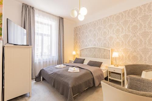 捷克布杰约维采Hotel Amadeus的一间卧室配有一张床、一台电视和一把椅子