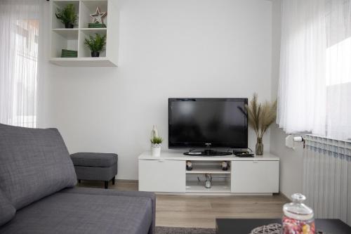 别洛瓦尔Apartmani i Sobe Kočiš的客厅配有白色橱柜上的平面电视