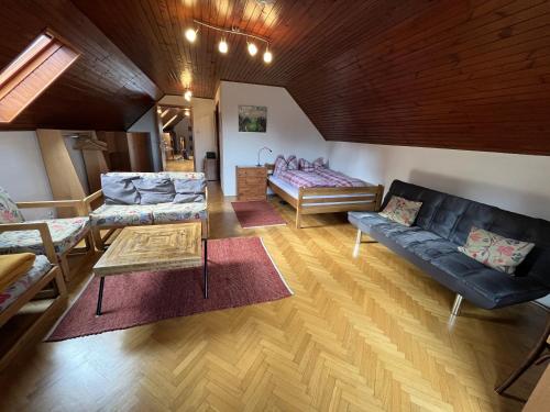 萨格勒布Cozzy apartment in nature的客厅配有沙发和桌子