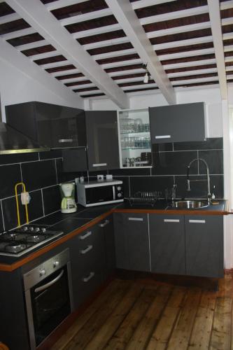 法兰西堡LOFT ET VERDURE的厨房配有黑色橱柜、水槽和炉灶。