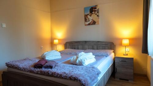 TolcsvaKirály Panzió的一间卧室配有一张带毛巾和两盏灯的床。