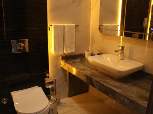 安塔利亚Isnova Hotel Airport的一间带水槽和卫生间的浴室
