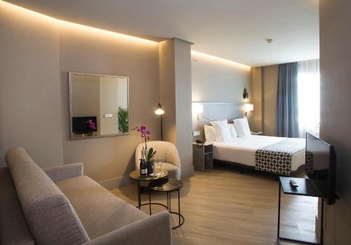 塞维利亚塞维利亚美洲酒店的一间酒店客房,配有一张床和一台电视