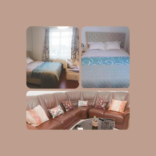 布鲁塞尔Belle chambre dans un quartier calme的两张照片,一张房间配有一张床和一张沙发