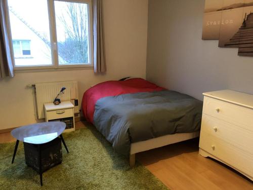 勒芒3 Chambres chez particulier pour les 24h du Mans et Jeux olympiques 2024的一间卧室配有一张床、一张桌子和一个窗户。