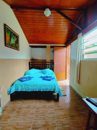 博凯纳-迪米纳斯Quarto Maringá Minas的一间卧室设有一张木天花板床。