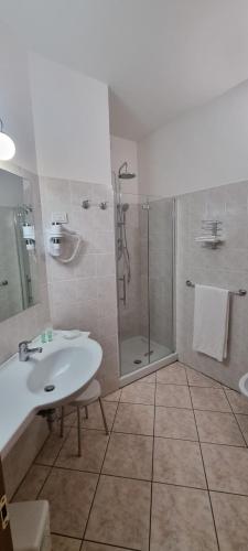 托里塔迪谢纳Hotel La Piccola Stazione的一间带水槽和淋浴的浴室