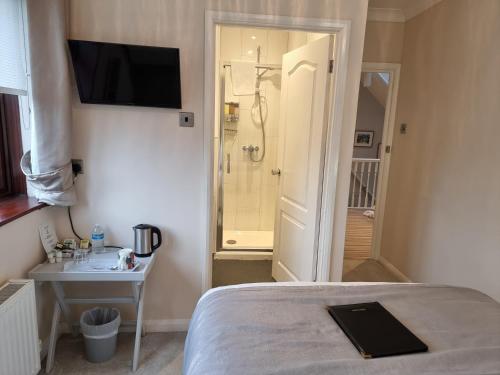 德纳姆德纳姆旅馆的一间卧室配有一张床、淋浴和一台电视