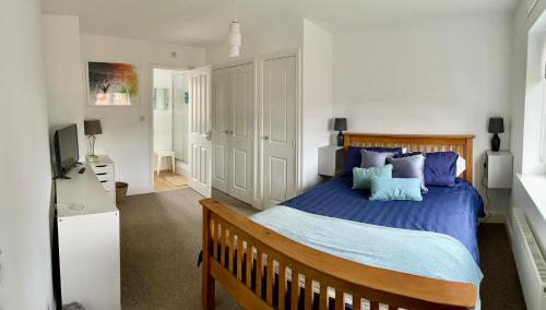 格洛斯特Stunning Large Detached Gloucester, 4 beds, 3 bedroom, 2 bathroom property, Nr Chelt, The Docks and Quays sleeps 6的一间卧室配有一张带蓝色枕头的大床