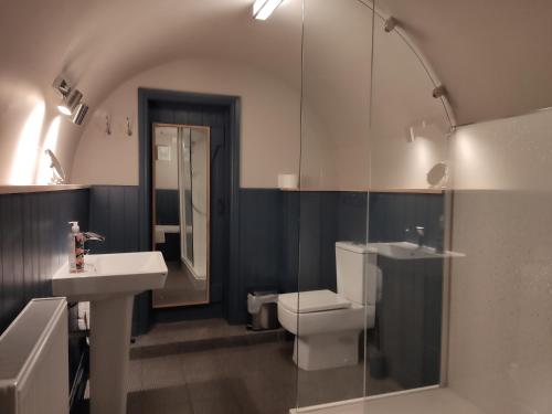 霍姆弗斯Beautiful quiet room in the heart of Holmfirth的浴室配有卫生间、盥洗盆和淋浴。