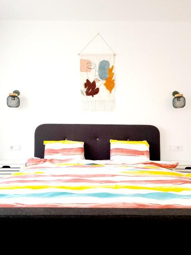 克卢日-纳波卡Eden Apartment的一间卧室配有一张带彩色条纹毯子的床