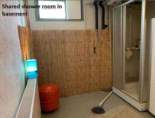 艾尔姆胡尔特Sofia Lägenhetshotell的一间位于客房内的带瓷砖淋浴间的浴室