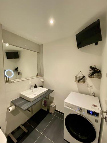 开姆尼茨Modernes Apartment in zentraler Lage的一间带水槽和洗衣机的浴室