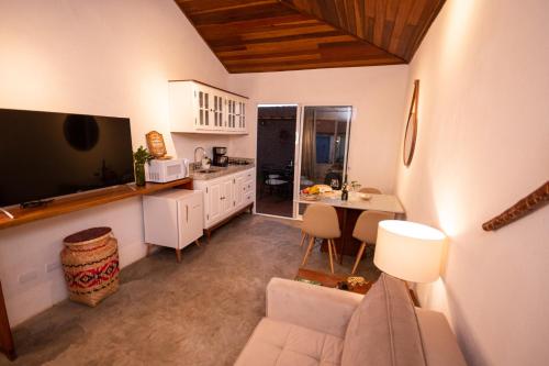 伊瓜苏Alma Iguassu的厨房以及带沙发和桌子的客厅。
