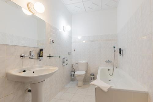 捷克布杰约维采Hotel Amadeus的白色的浴室设有水槽和卫生间。