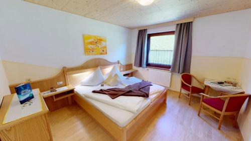 Jenig披若斯劳尔山酒店的配有一张床、一张书桌和一扇窗户的酒店客房