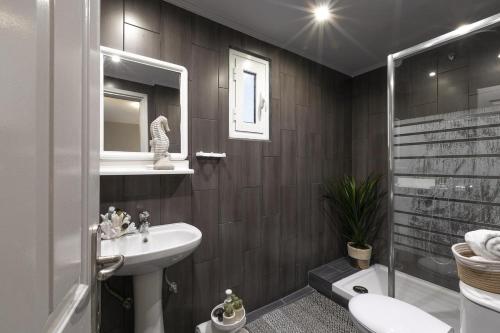 梅加利阿莫斯Nimfi Hotel, Skiathos的一间带水槽、卫生间和镜子的浴室