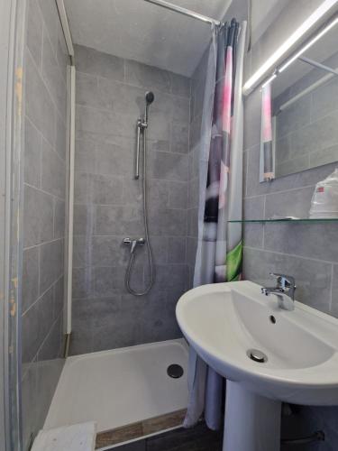 戛纳北部旅馆的浴室配有盥洗盆、淋浴和盥洗盆。