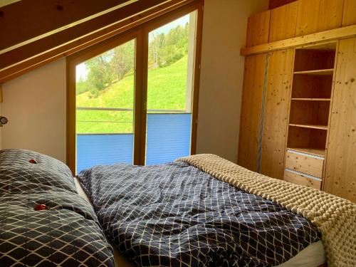 TinzenPool Villa Savognin的一间卧室设有一张床和一个大窗户