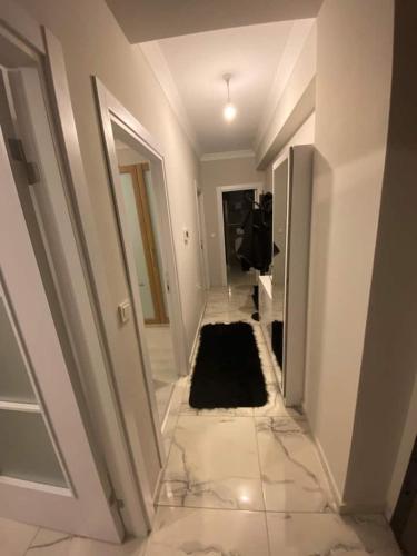 伊斯坦布尔Private Room in Istanbul #36的白色房间中一条有黑色地毯的走廊