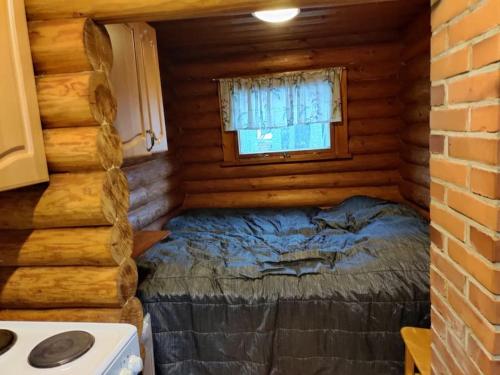 NieminenMökki Salakka Rääkkylä Pohjois-Karjala的小木屋内一间卧室,配有一张床