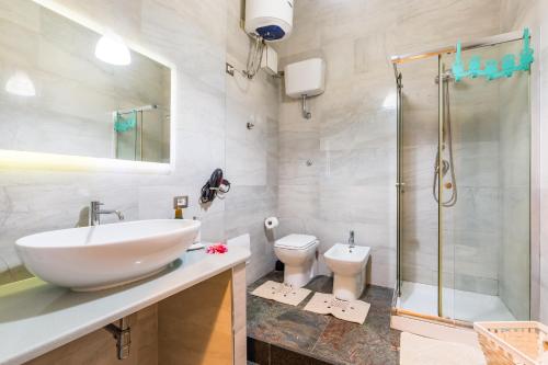 那不勒斯Museo Filangieri Apartment-Suite的一间带水槽、淋浴和卫生间的浴室
