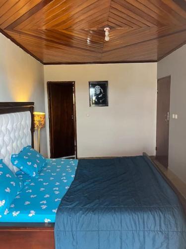 杜阿拉AU COEUR DE BONAMOUSSADI-WIFI-PARKING-GARDIENS-24H的一间卧室配有一张蓝色的床和木制天花板