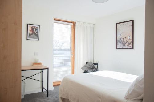 都柏林2 bed 2 bath Apartment with Canal View的白色的卧室设有床和窗户