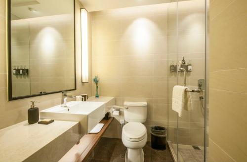 上海上海徐汇同文君亭酒店的浴室配有卫生间、盥洗盆和淋浴。