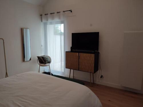南特Ô'date gîte &spa的一间卧室配有一张床和一台平面电视