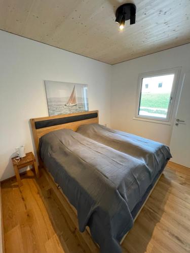 滨湖施图本贝格Apartment Relax - Stubenbergsee的一间带一张大床的卧室,位于带窗户的房间内