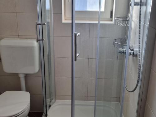 巴尔巴特纳拉布Leut的一间带卫生间和玻璃淋浴间的浴室