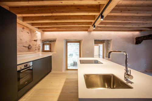 安泰伊-萨伊恩特-安德尔埃LA CORTE ANTEY - Coucher de Soleil/ Pilier的厨房设有不锈钢水槽和木制天花板。