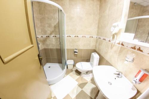 KnićHotel Ravni Gaj的浴室配有卫生间、盥洗盆和淋浴。
