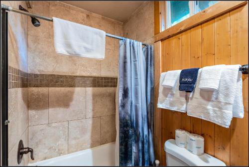 麦考尔Brundage Bungalows的带淋浴、卫生间和毛巾的浴室