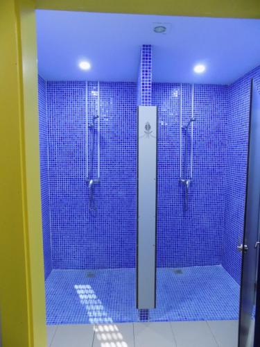卡米尼亚Albergue de São Bento的浴室设有蓝色瓷砖淋浴。