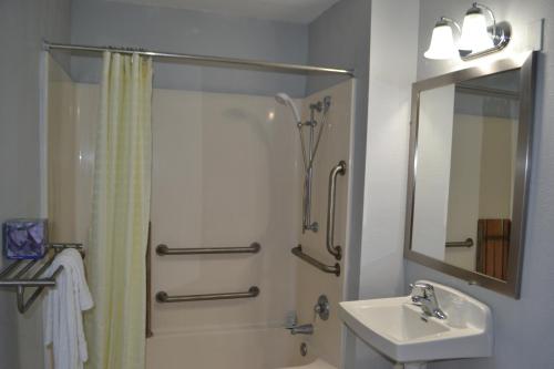 杰克逊维尔Home 1 Great Stay的带淋浴、盥洗盆和镜子的浴室